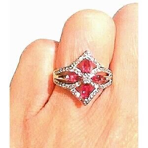 Ring Simulated Ruby Sapphire Diamond Sz 7 Clover Blossom Fleur Brilliant Sparkle